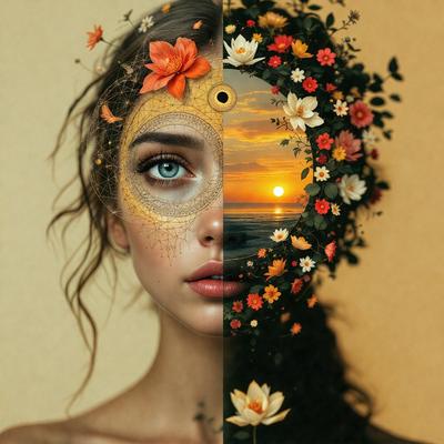 The primary subject of the image is a woman with a flower crown on her head. The setting is a beach, with a sunset in the background. The visual style is a combination of a photo and digital art, creating a unique and artistic representation of the woman and her surroundings. The dominant colors are warm and natural, such as orange, yellow, and pink, which contribute to a serene and peaceful mood.